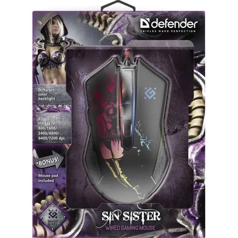 Mysz przewodowa Defender Sin'Sister GM-933 7200dpi 6P + podkładka Gaming +