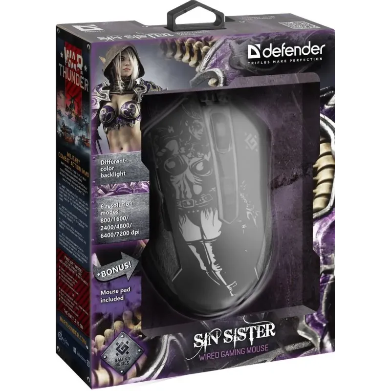Mysz przewodowa Defender Sin'Sister GM-933 7200dpi 6P + podkładka Gaming +