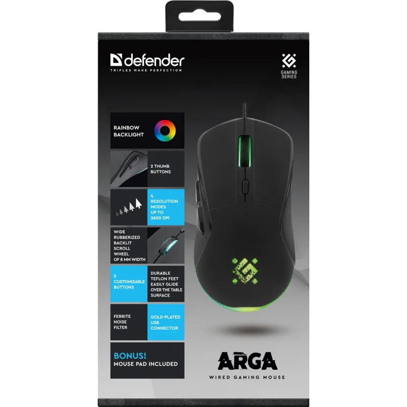 Mysz przewodowa Defender ARGA GM-049 3600dpi 6P + podkładka Gaming