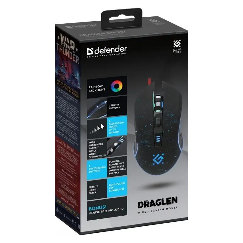 Mysz przewodowa Defender DRAGLEN GM-907 7200dpi 6P + podkładka + GRA Gaming