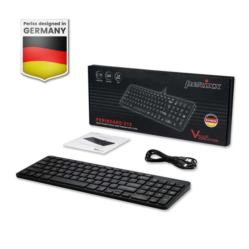 Klawiatura przewodowa Perixx PERIBOARD-215 scissor, ultra-flat, czarna, 4x