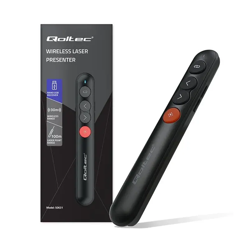 Wskaźnik Qoltec laserowy | Prezenter 4w1 | USB 3.0 | 2.4GHz | 100m