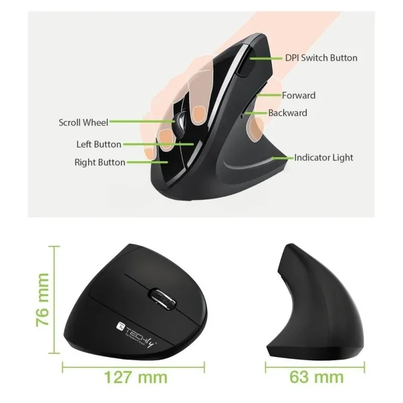 Mysz bezprzewodowa Techly 2.4GHz RF USB pionowa 1600dpi optyczna