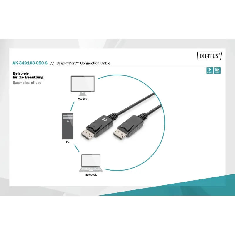 Kabel DisplayPort DIGITUS z zatrzaskami 1080p 60Hz FHD Typ DP/DP M/M czarny