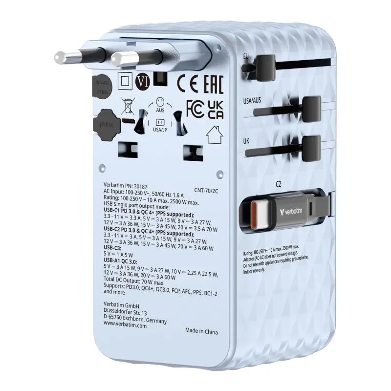 Adapter podróżny Verbatim Charge 'n' Travel GaN III globalny 1xUSB-C PD 3.0