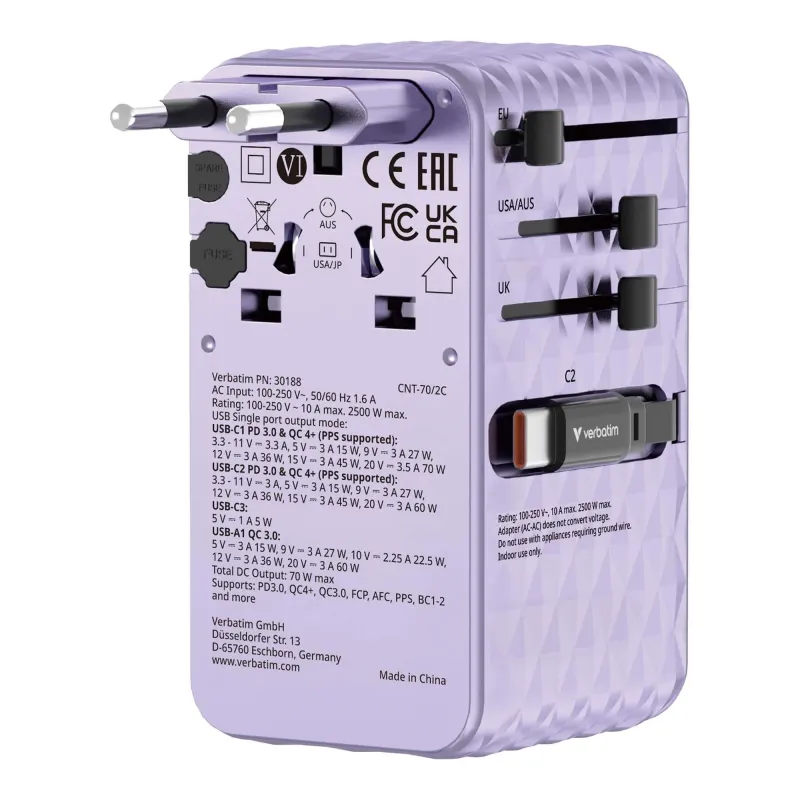 Adapter podróżny Verbatim Charge 'n' Travel GaN III globalny 1xUSB-C PD 3.0