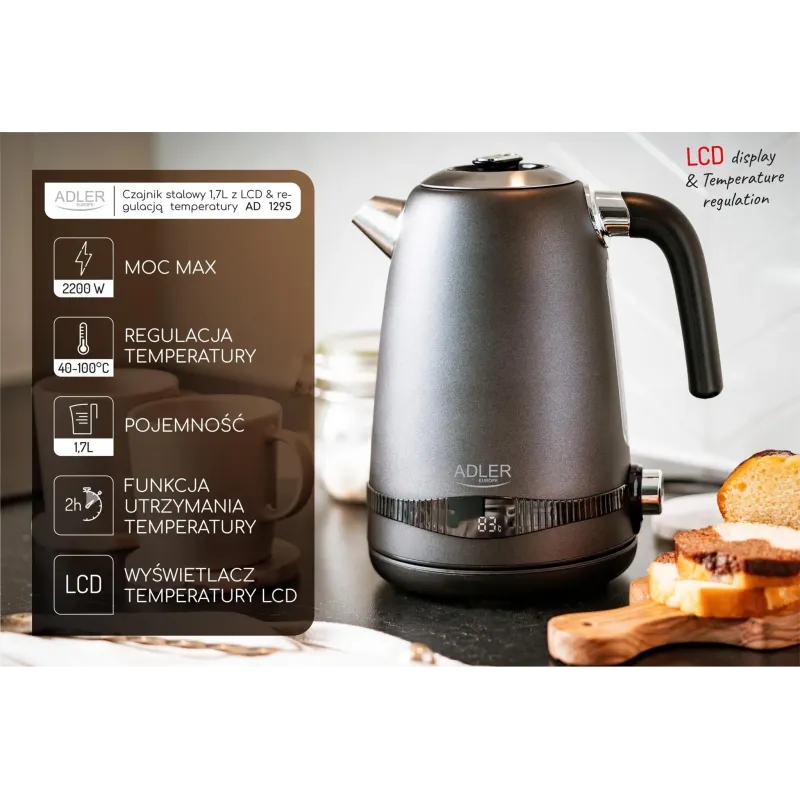 Czajnik elektryczny Adler AD 1295 b 1,7L stalowy z LCD i regulacją