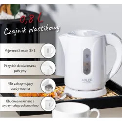 Czajnik elektryczny Adler AD 1371w 0,8 L plastikowy biały | PartsPC.pl