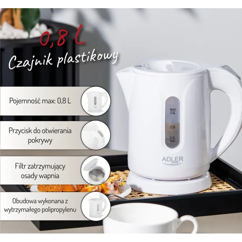 Czajnik elektryczny Adler AD 1371w 0,8 L plastikowy biały | PartsPC.pl