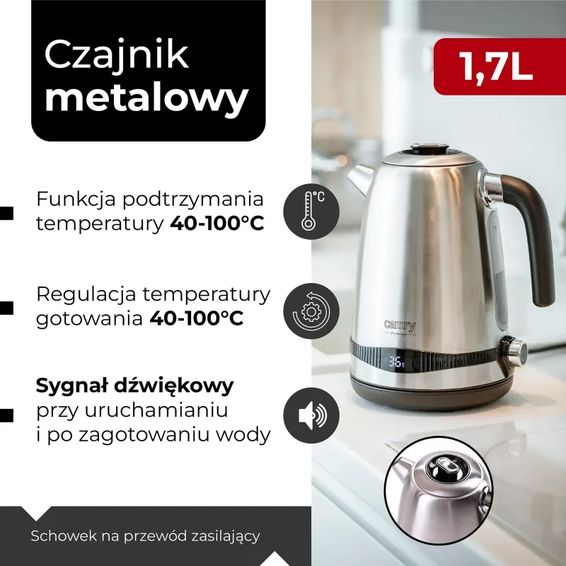 Czajnik elektryczny Camry CR 1291 1,7L stalowy z LCD i regulacją