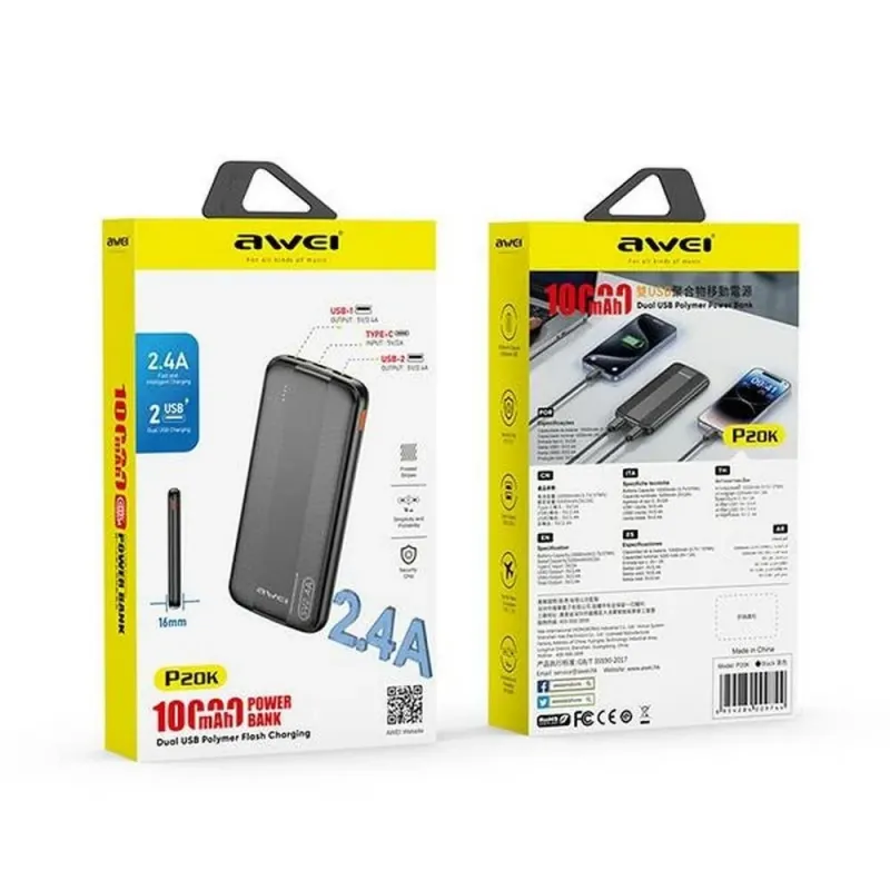Powerbank Awei P20K 10000mAh 2xUSB 2,4A czarny