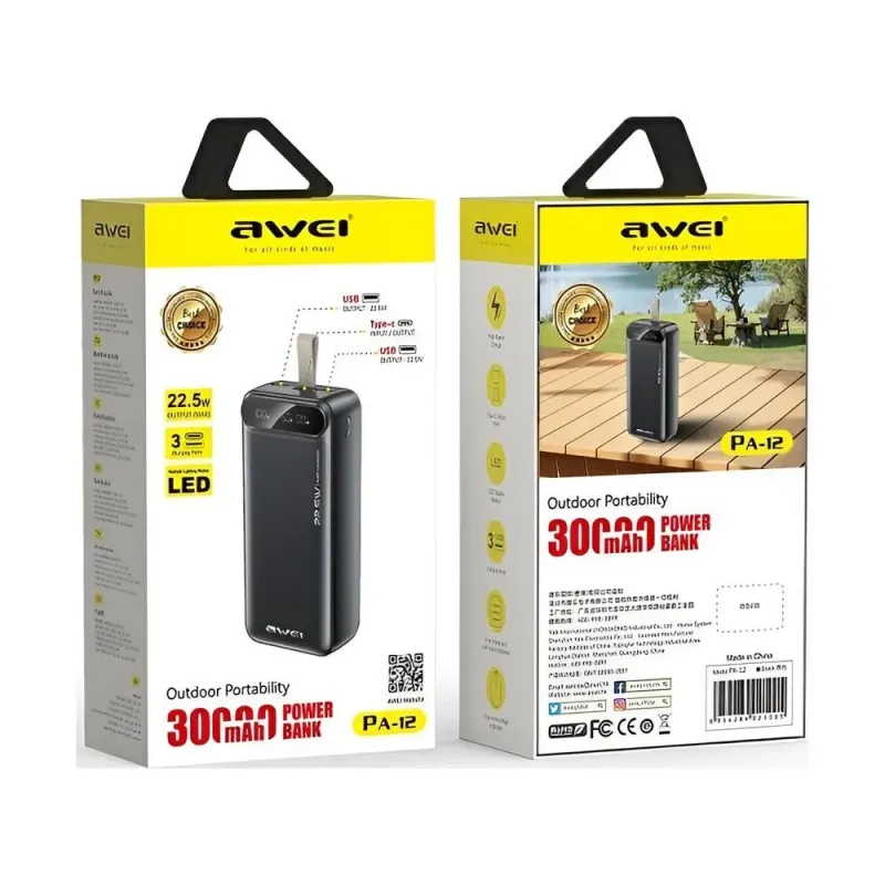 Powerbank Awei PA-12 30000mAh 22,5W 2xUSB-A 1xUSB-C 1xmicroUSB czarny