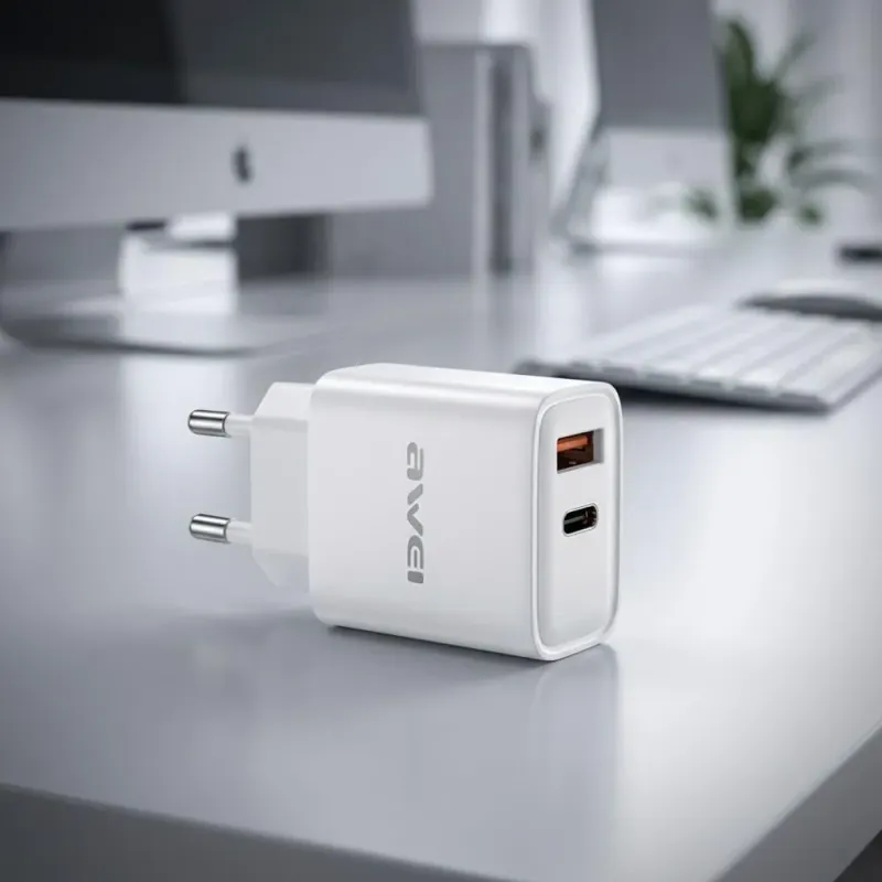 Ładowarka sieciowa Awei PD81 22,5W GaN 1xUSB+1xUSB-C / bez kabla - biała