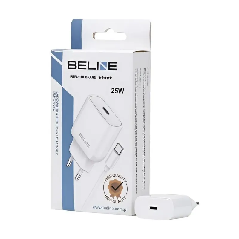 Ładowarka sieciowa Beline 25W 1xUSB-C GaN PD 3.0+kabel USB-C - biała