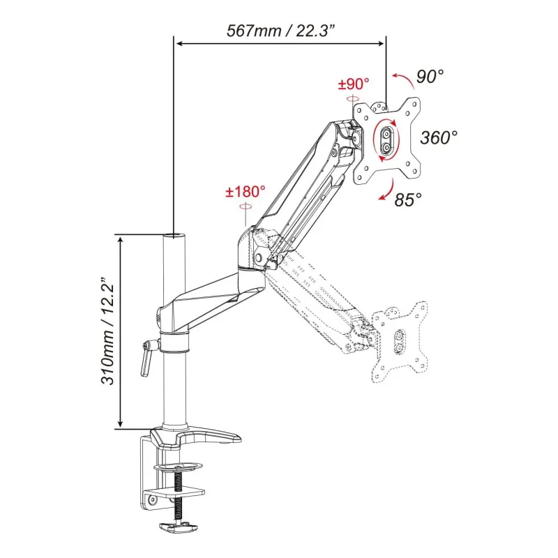 Ramię biurkowe pojedyncze z zaciskiem Digitus, 1xLCD, max. 27", max. 8kg,