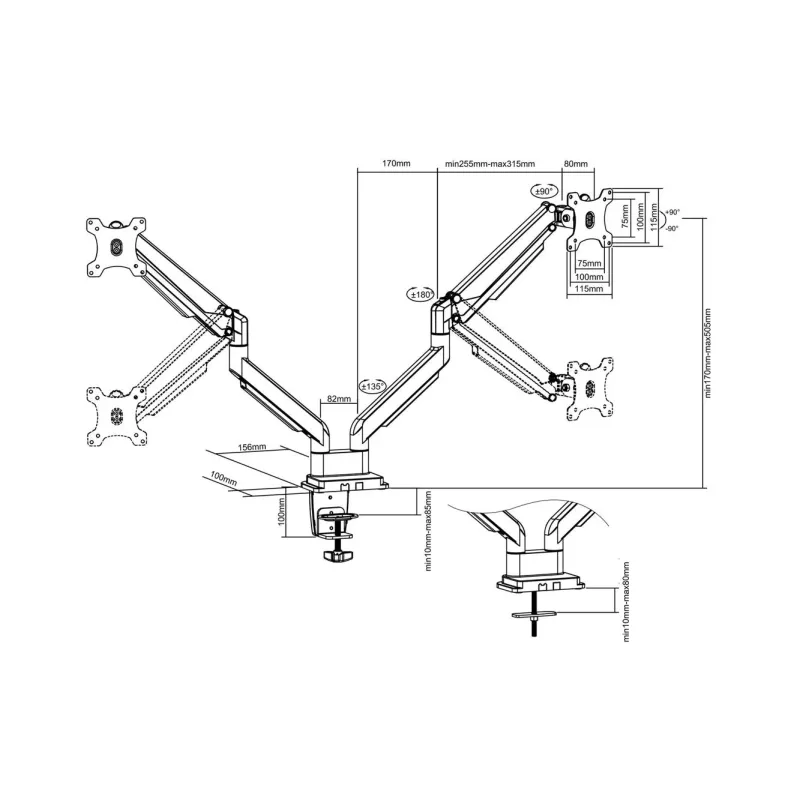 Ramię biurkowe podwójne DIGITUS (zacisk) 2xLCD max. | PartsPC.pl