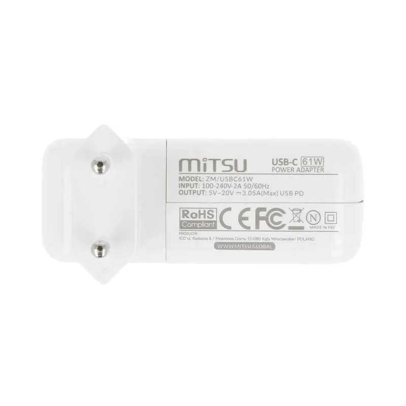 Zasilacz sieciowy Mitsu 61W USB-C, USBC, 5-20.3V, 3A (white)… | PartsPC.pl