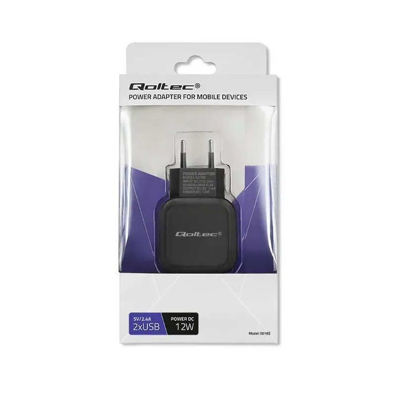 Ładowarka sieciowa Qoltec 12W 5V 2,4A 2xUSB | PartsPC.pl
