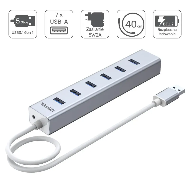 Hub USB Unitek Y-3090 7x USB 3.0 z zasilaczem | PartsPC.pl