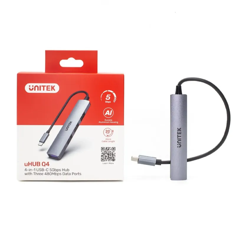 HUB USB-C Unitek H1208B 1xUSB-A 5 Gbps, 3xUSB-A 2.0 alu | PartsPC.pl