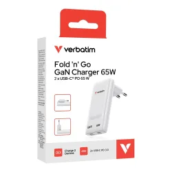 Ładowarka sieciowa Verbatim GaN Fold 'n' Go 65W 2xUSB-C PD 3.0 biała