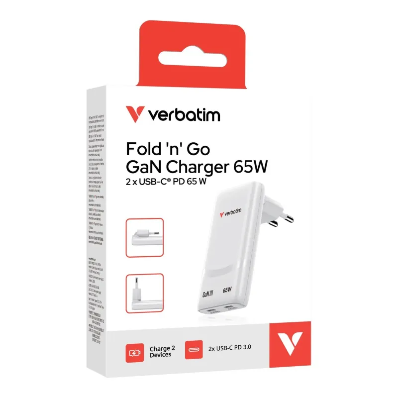 Ładowarka sieciowa Verbatim GaN Fold 'n' Go 65W 2xUSB-C PD 3.0 biała