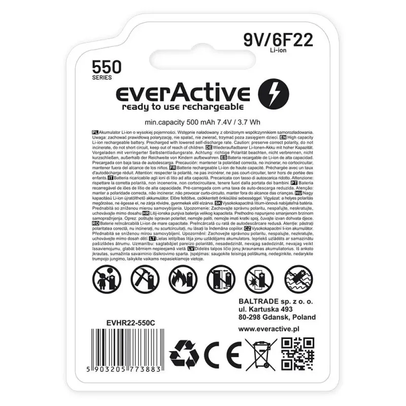 Akumulatorek everActive 6F22/9V Li-ion 550 mAh z USB TYP | PartsPC.pl