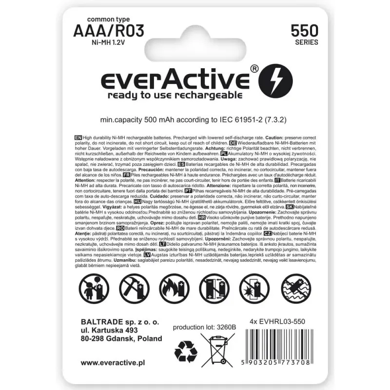 Akumulatorki AAA / R03 everActive Ni-MH 550 mAh ready to use - blister 4