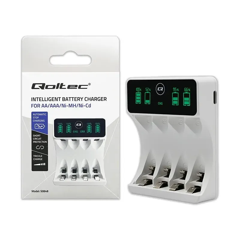 Ładowarka Qoltec do akumulatorków Ni-MH typu R03 AAA R6 AA | LCD | Kabel
