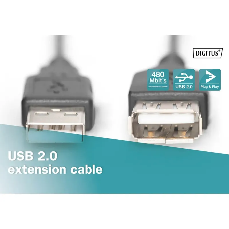 Przedłużacz USB 2.0 DIGITUS A/M - A/Ż, 1,8m, czarny | PartsPC.pl