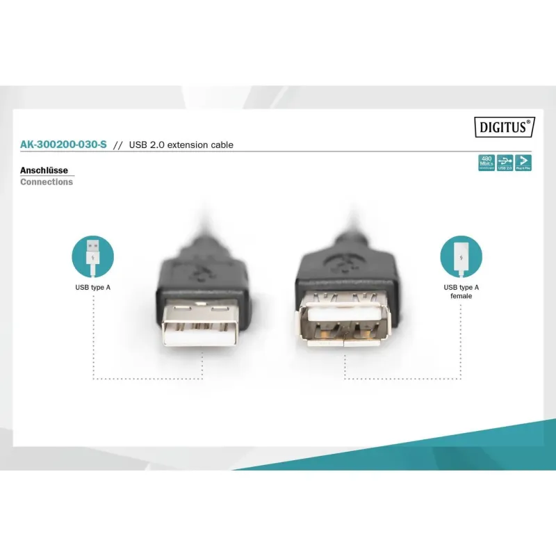 Przedłużacz USB 2.0 DIGITUS A/M - A/Ż, 3,0m, czarny | PartsPC.pl