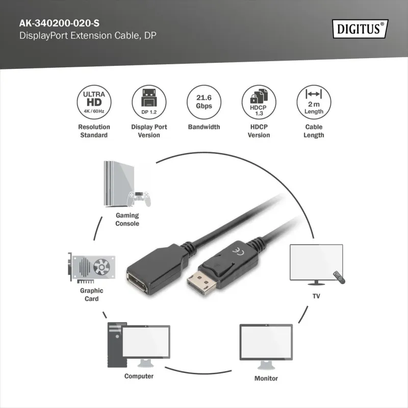 Przedłużacz DisplayPort DIGITUS 1.2 M/F 2m | PartsPC.pl