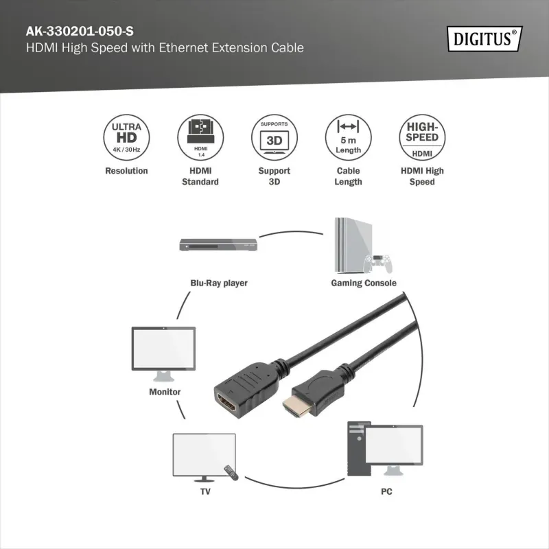 Przedłużacz HDMI DIGITUS AK-330201-050-S Ethernet 1.4 | PartsPC.pl