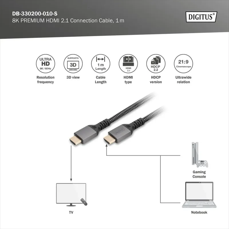 Kabel HDMI 2.1 DIGITUS PREMIUM połączeniowy Ultra | PartsPC.pl