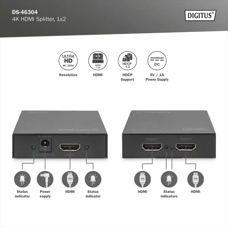Splitter HDMI DIGITUS DS-46304 2-portowy, 4096x2160p 4K UHD … | PartsPC.pl