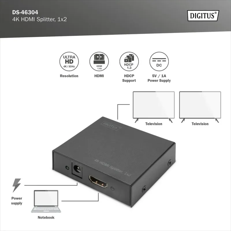 Splitter HDMI DIGITUS DS-46304 2-portowy, 4096x2160p 4K UHD … | PartsPC.pl