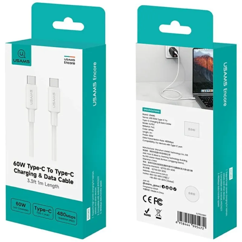 Kabel USB Usams U90 USB-C 1m 60W Fast Charge biały