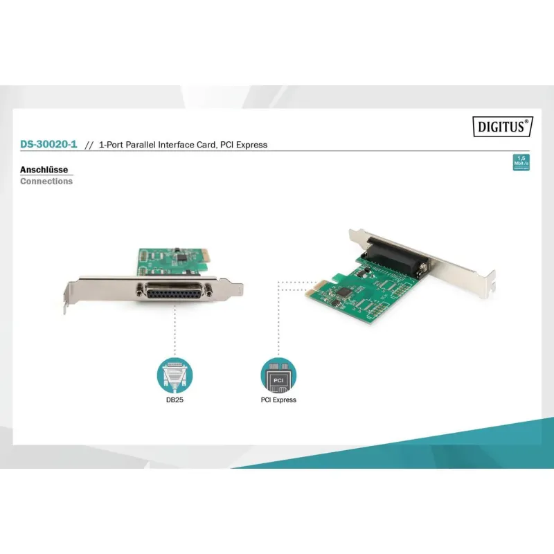 Kontroler LPT DIGITUS PCIe, 1x Parallel/LPT, Low Profile, Chipset AX99100