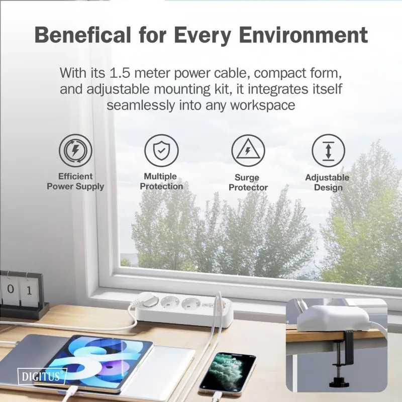 Listwa zasilająca biurkowa DIGITUS 3 gniazda Schuko, 2x USB-A (2x 12W), 1x