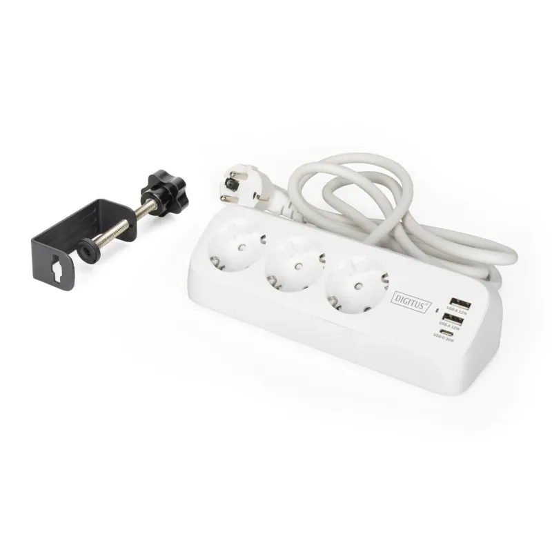 Listwa zasilająca biurkowa DIGITUS 3 gniazda Schuko, 2x USB-A (2x 12W), 1x