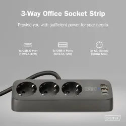 Listwa zasilająca biurkowa DIGITUS 3 gniazda Schuko, 2x USB-A (2x 12W), 1x