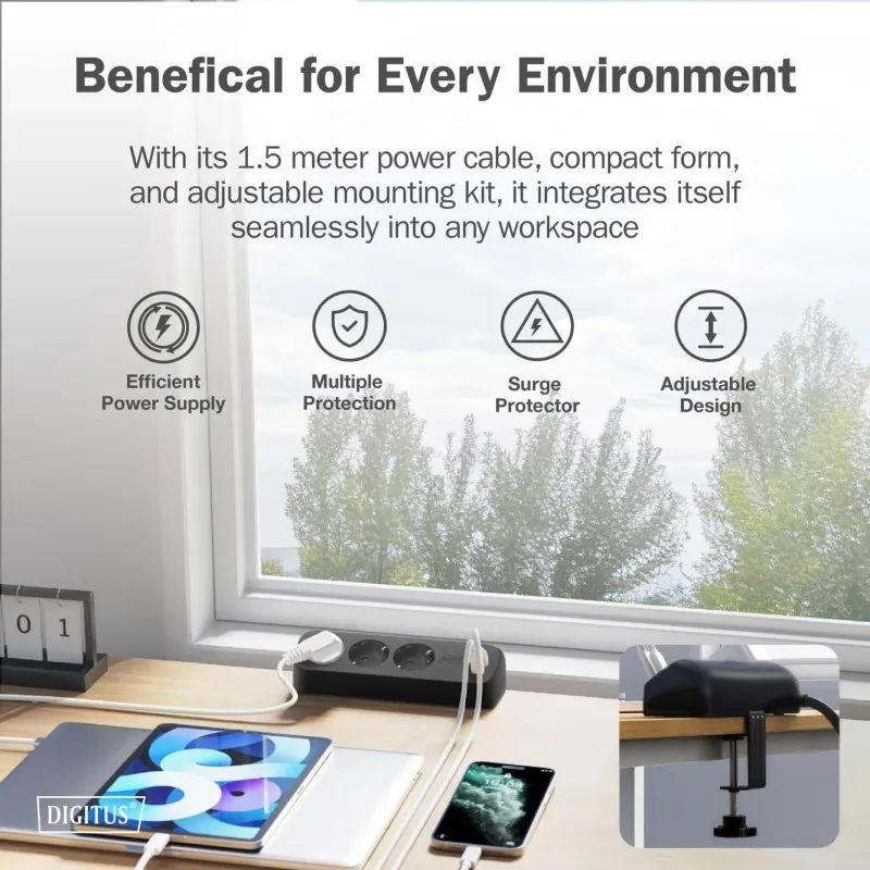 Listwa zasilająca biurkowa DIGITUS 3 gniazda Schuko, 2x USB-A (2x 12W), 1x