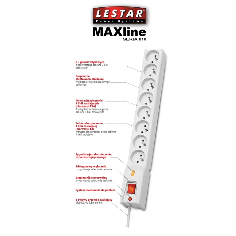 Listwa zasilająca Lestar LX 810 5m czarna | PartsPC.pl