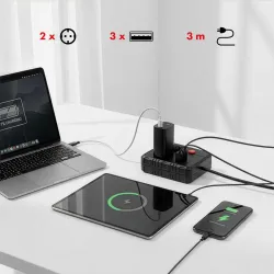 Listwa zasilająca Maclean MCE388 B, przedłużacz 2 gniazda + 3xUSB, 110-240V