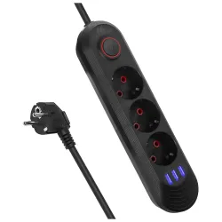 Listwa zasilająca Maclean MCE394 B, przedłużacz 3gniazda + 3xUSB, 110-240V