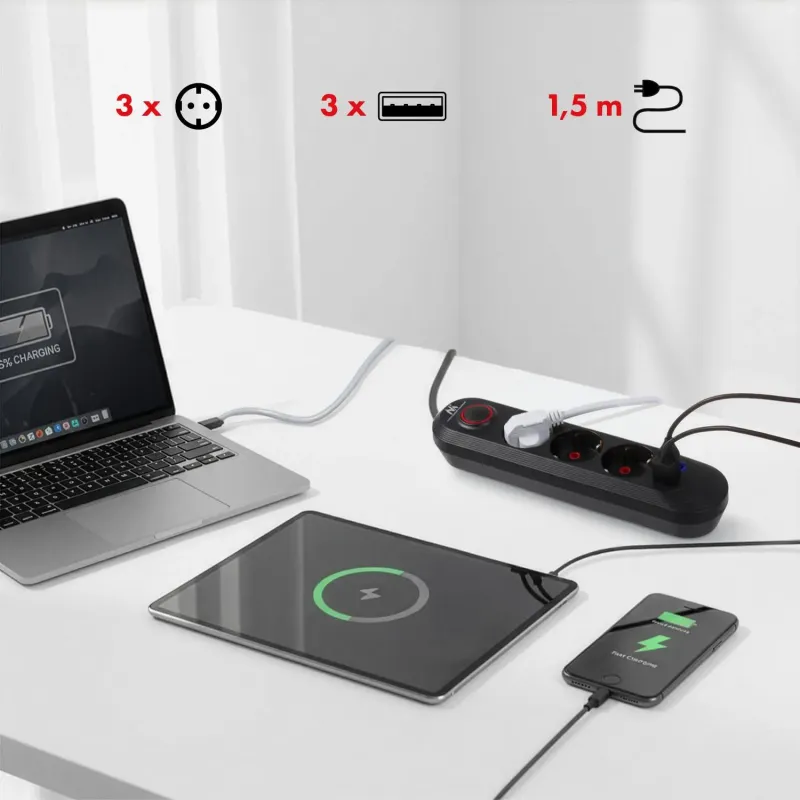 Listwa zasilająca Maclean MCE394 B, przedłużacz 3gniazda + 3xUSB, 110-240V