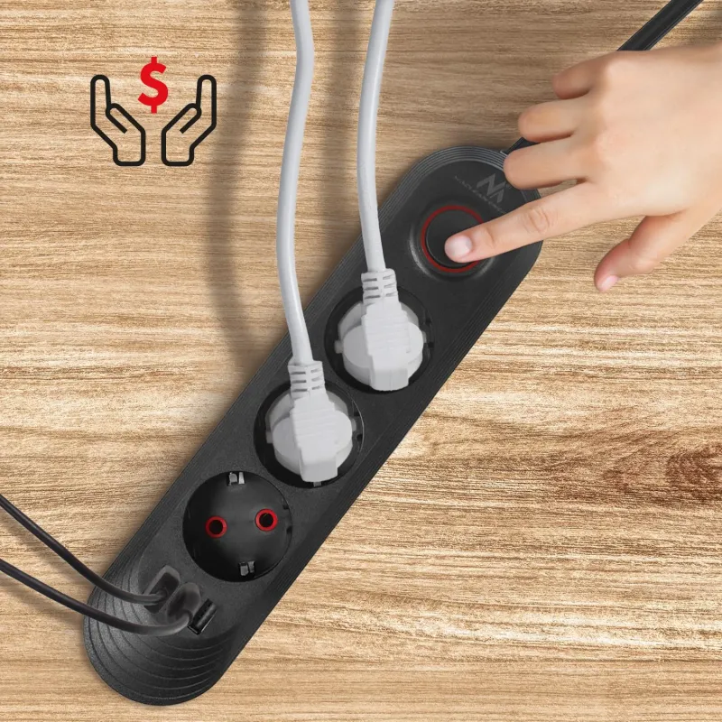 Listwa zasilająca Maclean MCE394 B, przedłużacz 3gniazda + 3xUSB, 110-240V