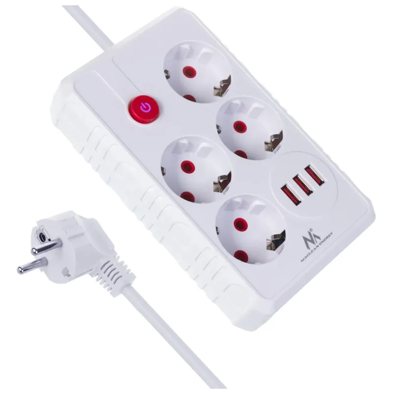 Listwa zasilająca Maclean MCE392 W, przedłużacz 4 gniazda + 3xUSB, 110-240V
