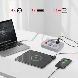 Listwa zasilająca Maclean MCE392 W, przedłużacz 4 gniazda + 3xUSB, 110-240V