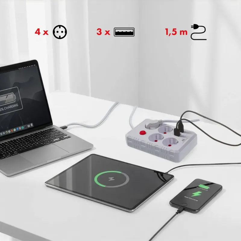 Listwa zasilająca Maclean MCE392 W, przedłużacz 4 gniazda + 3xUSB, 110-240V